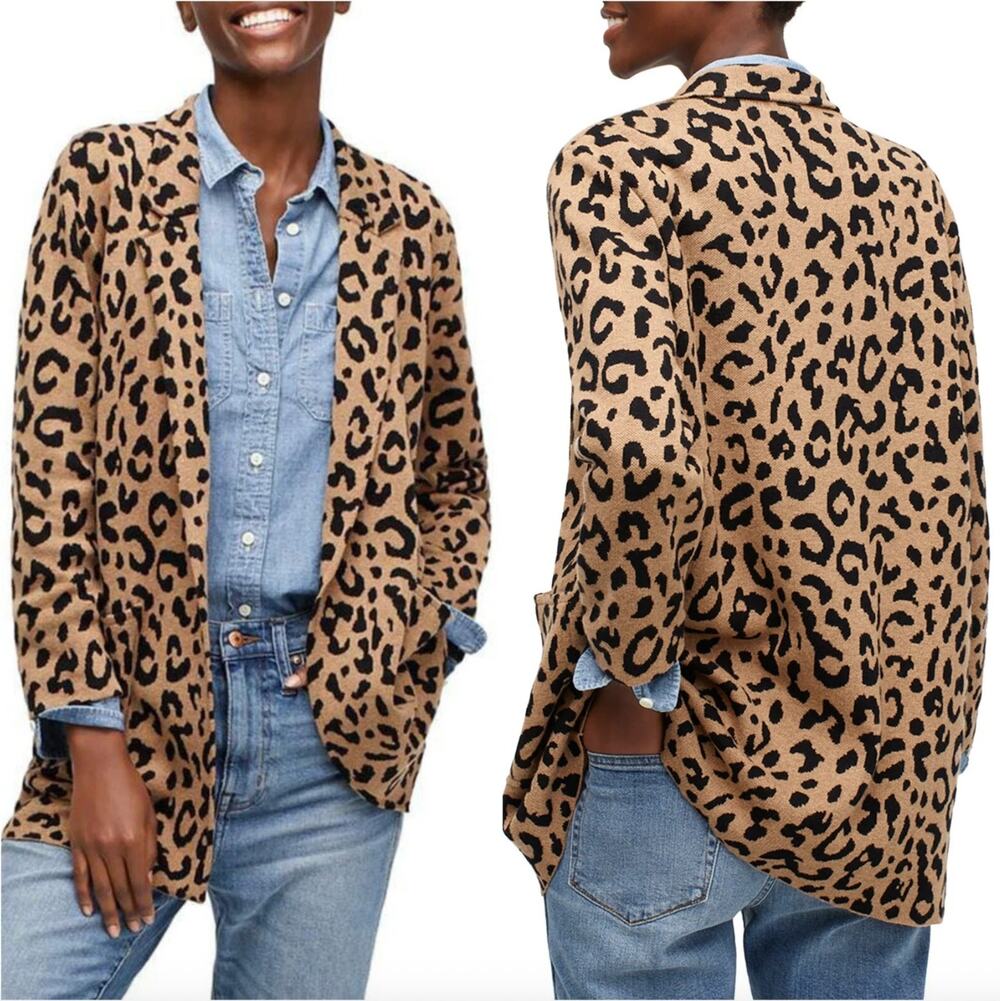 J. Crew Sophie Open Front Sweater Blazer in Leopard Size S Wool Blend Animal